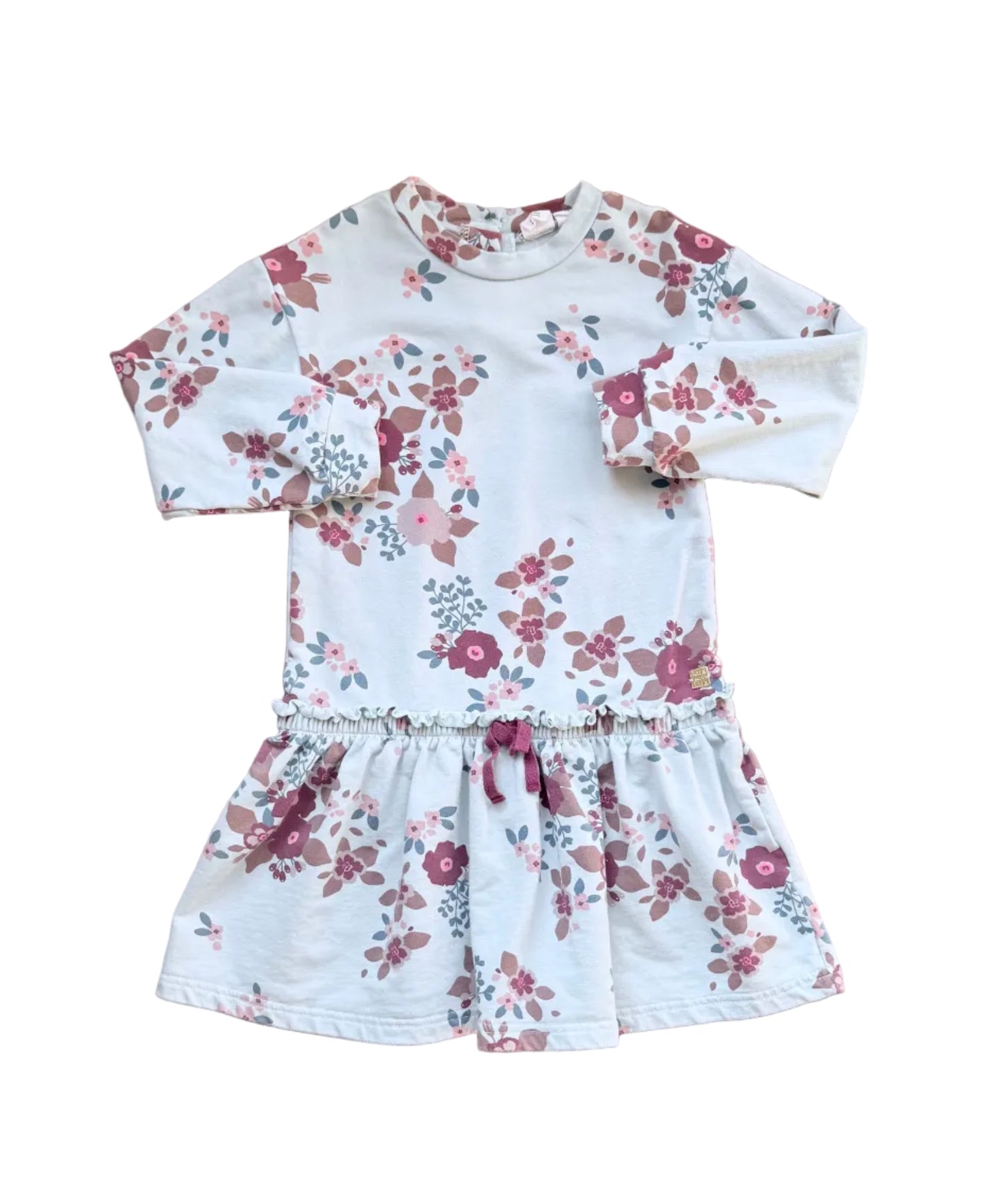 Robe fille à manches longues bleu clair, imprimé floral, jupe froncée et volant.