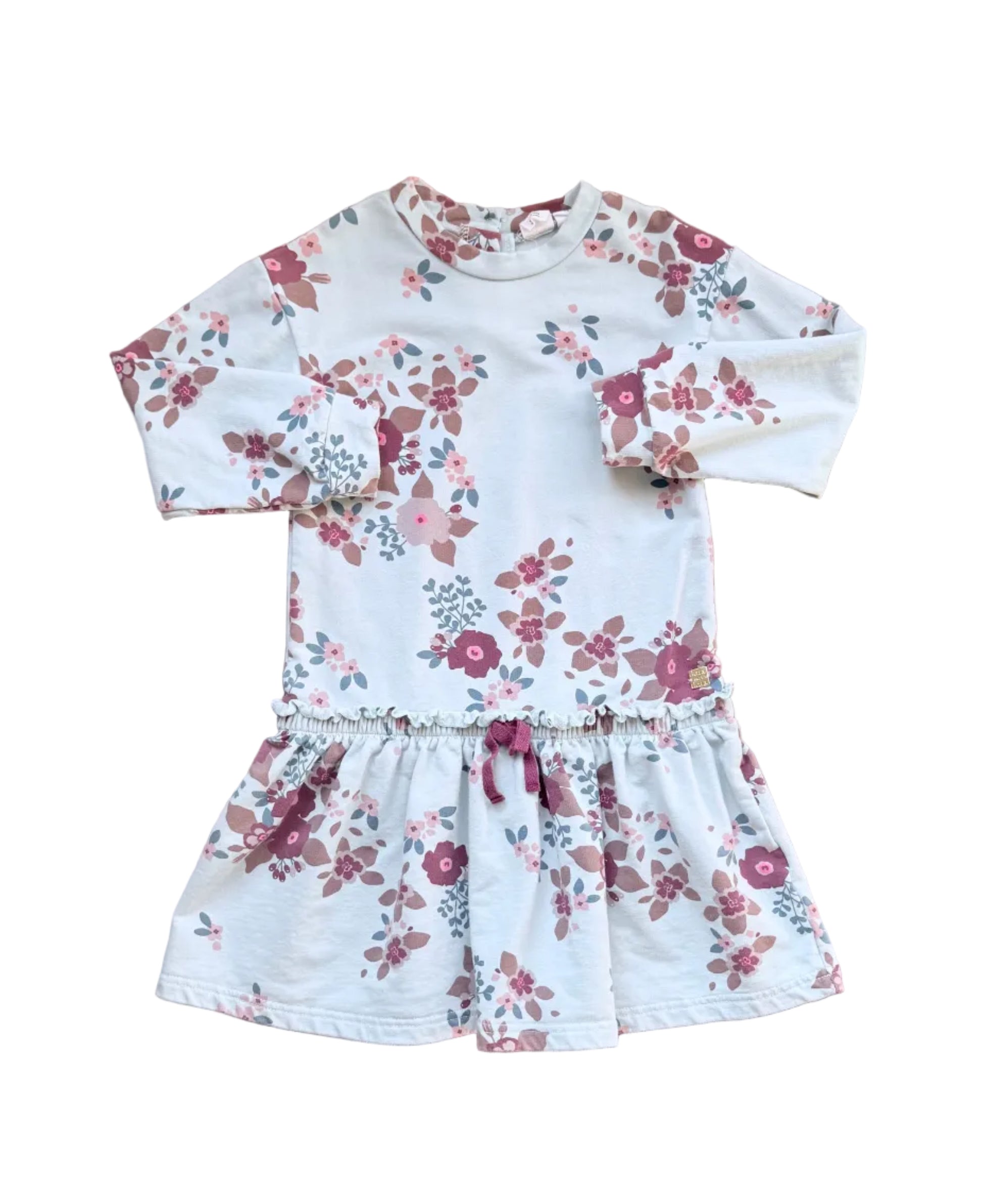 Robe fille à manches longues bleu clair, imprimé floral, jupe froncée et volant.