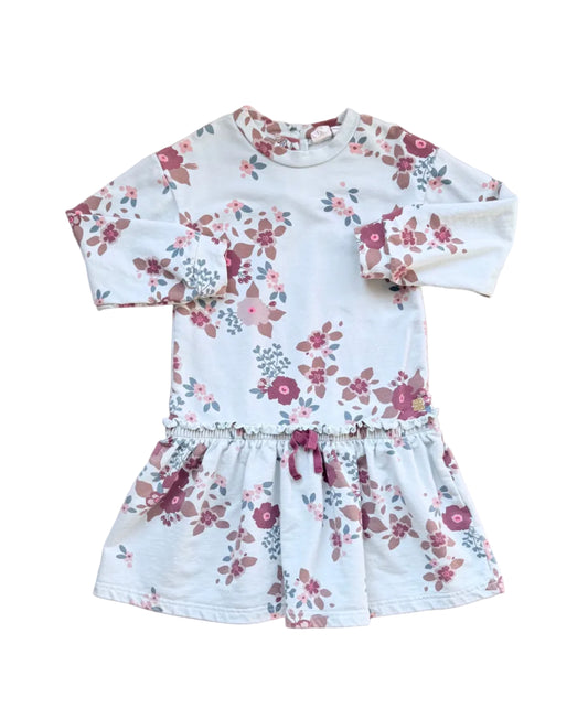 Robe fille à manches longues bleu clair, imprimé floral, jupe froncée et volant.