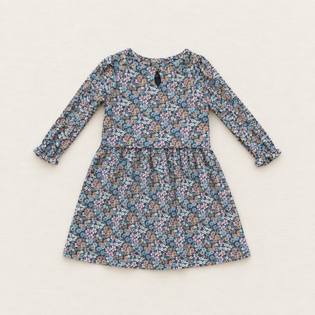 Robe enfant Zara à manches longues, imprimé fleuri bleu et multicolore, taille élastique