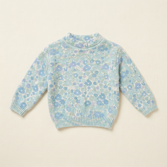 Chandail bébé 9-12 mois bleu clair à motifs floraux, col montant côtelé