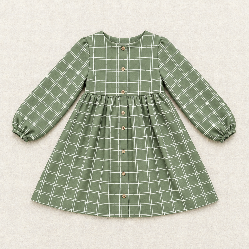 Robe pour enfant 5 ans à carreaux vert, manches ballon, boutonnée devant