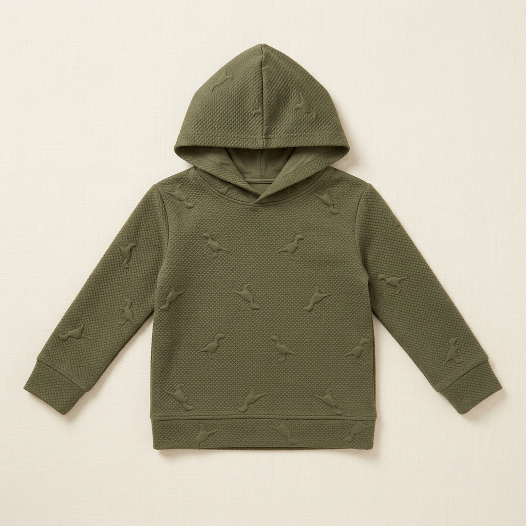 Chandail à capuchon enfant kaki, poche kangourou et motifs petits chiens