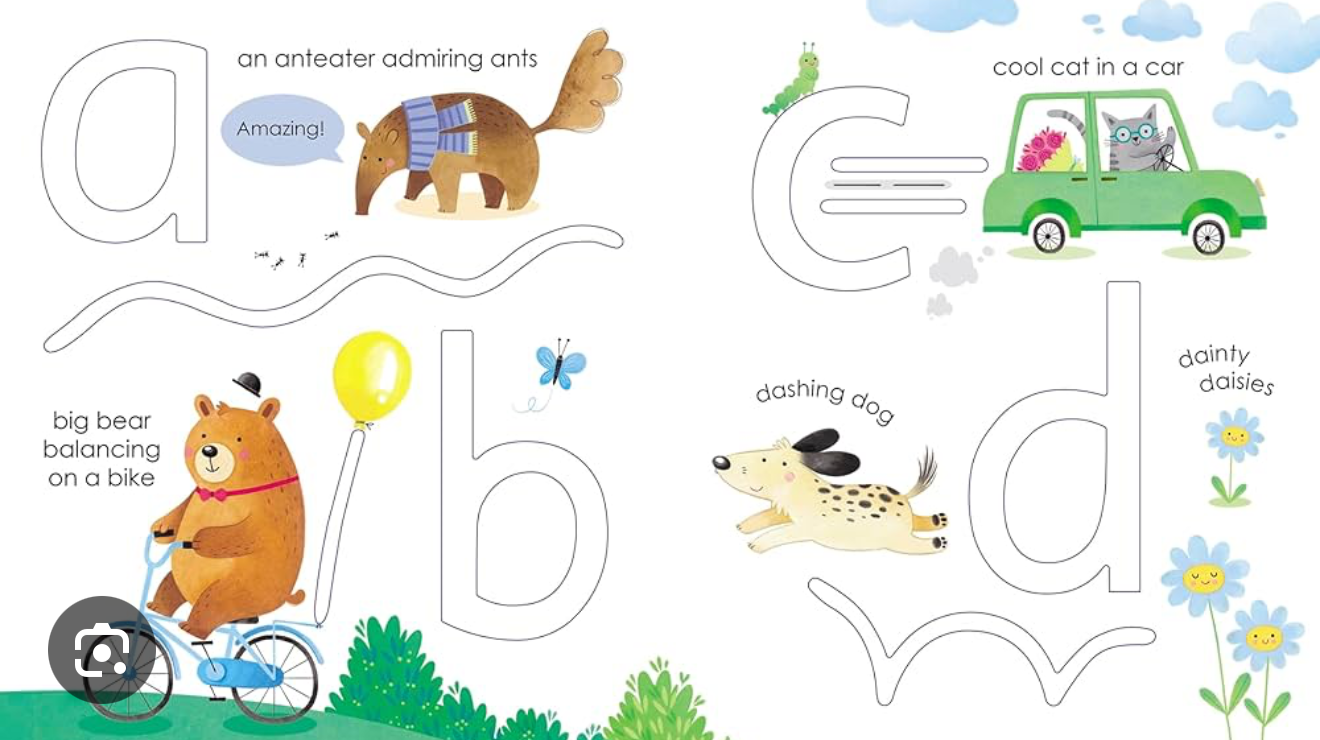 Page du livre ABC Fingertrail avec grands tracés de lettres et animaux en couleur