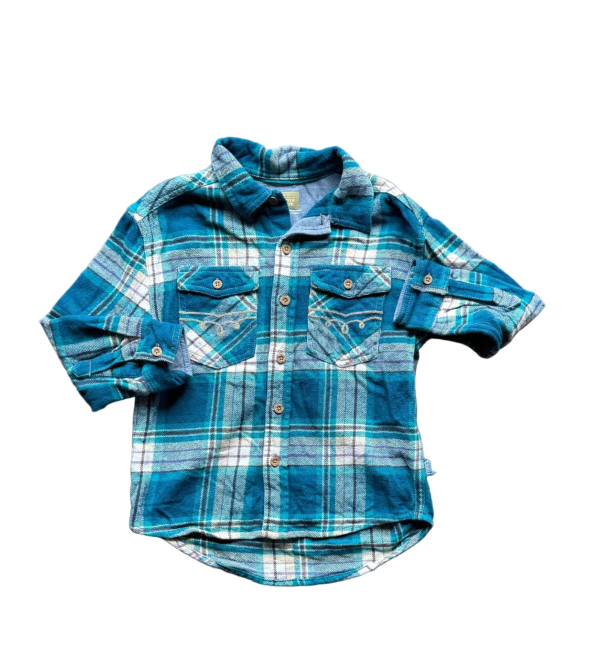 Chemise enfant à carreaux bleus, manches longues, boutons et col, poches poitrine