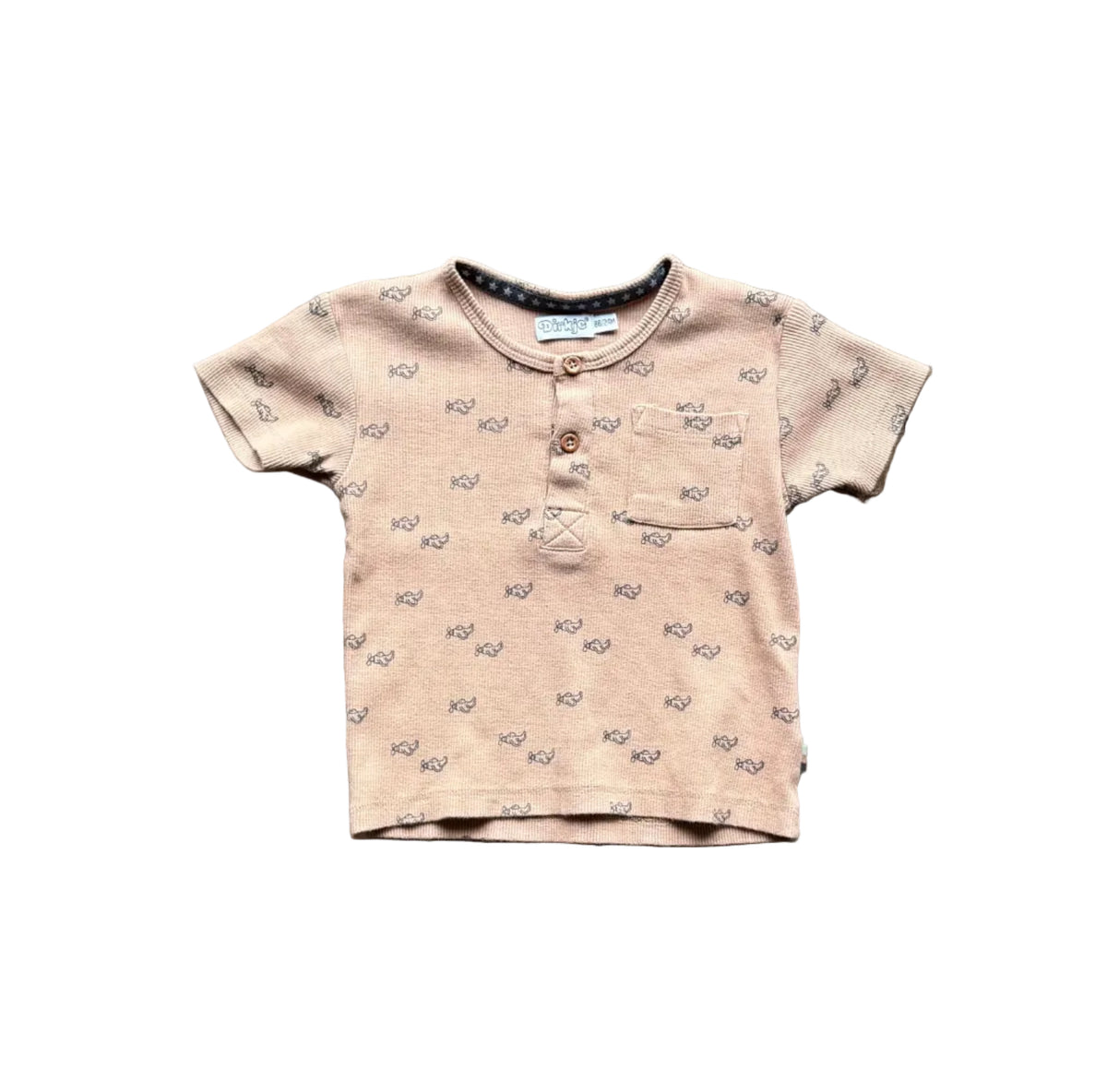 T-shirt bébé beige à motifs, encolure boutonnée et manches courtes