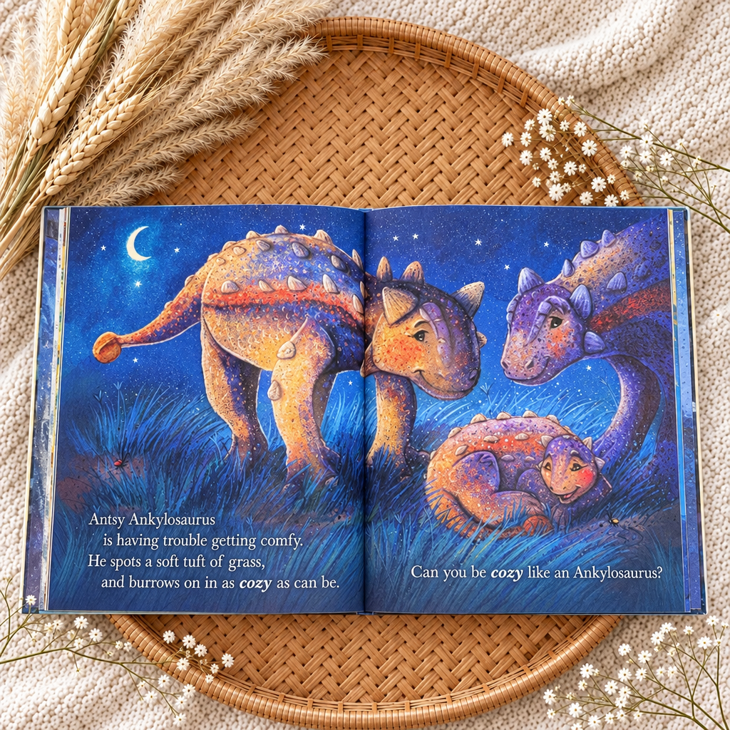 Livre jeunesse ouvert, illustrations de dinosaures et texte « Can you snore like… »