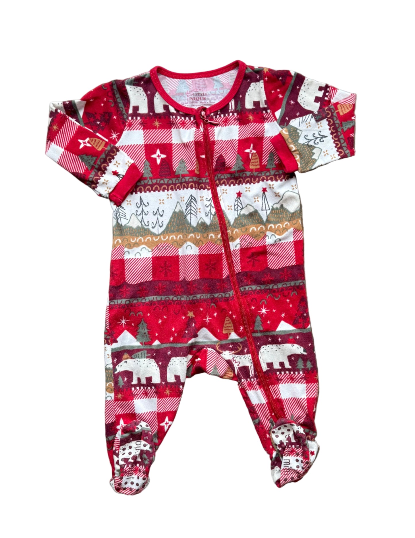 Pyjama rouge 6-9 mois à fermeture éclair, manches longues, motifs animaux et carreaux