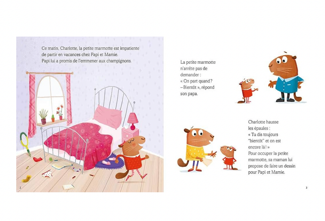 Livre jeunesse « Charlotte à la bougeotte » : pages intérieures avec marmotte et chambre
