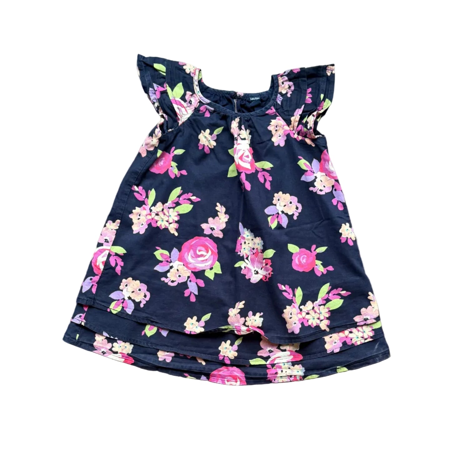 Robe bébé marine à fleurs, manches volantées, col en encolure ronde.