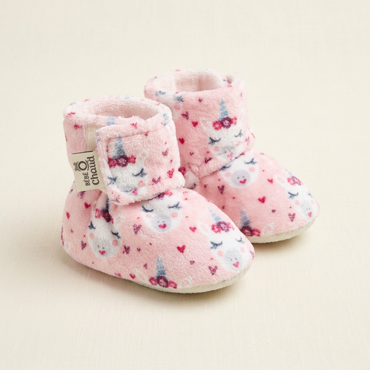 Chaussons bébé en peluche rose imprimé licornes, fermeture à scratch, semelle souple
