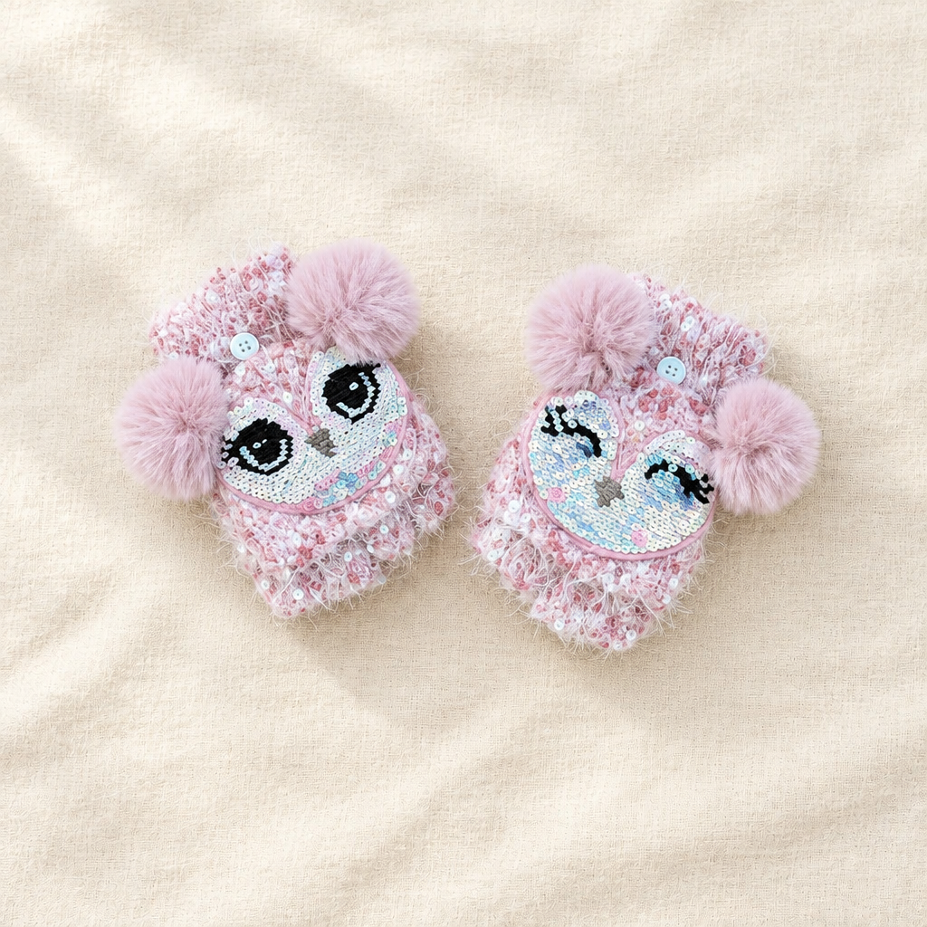 Mitaines enfant rose crème avec motif hibou à paillettes et pompons