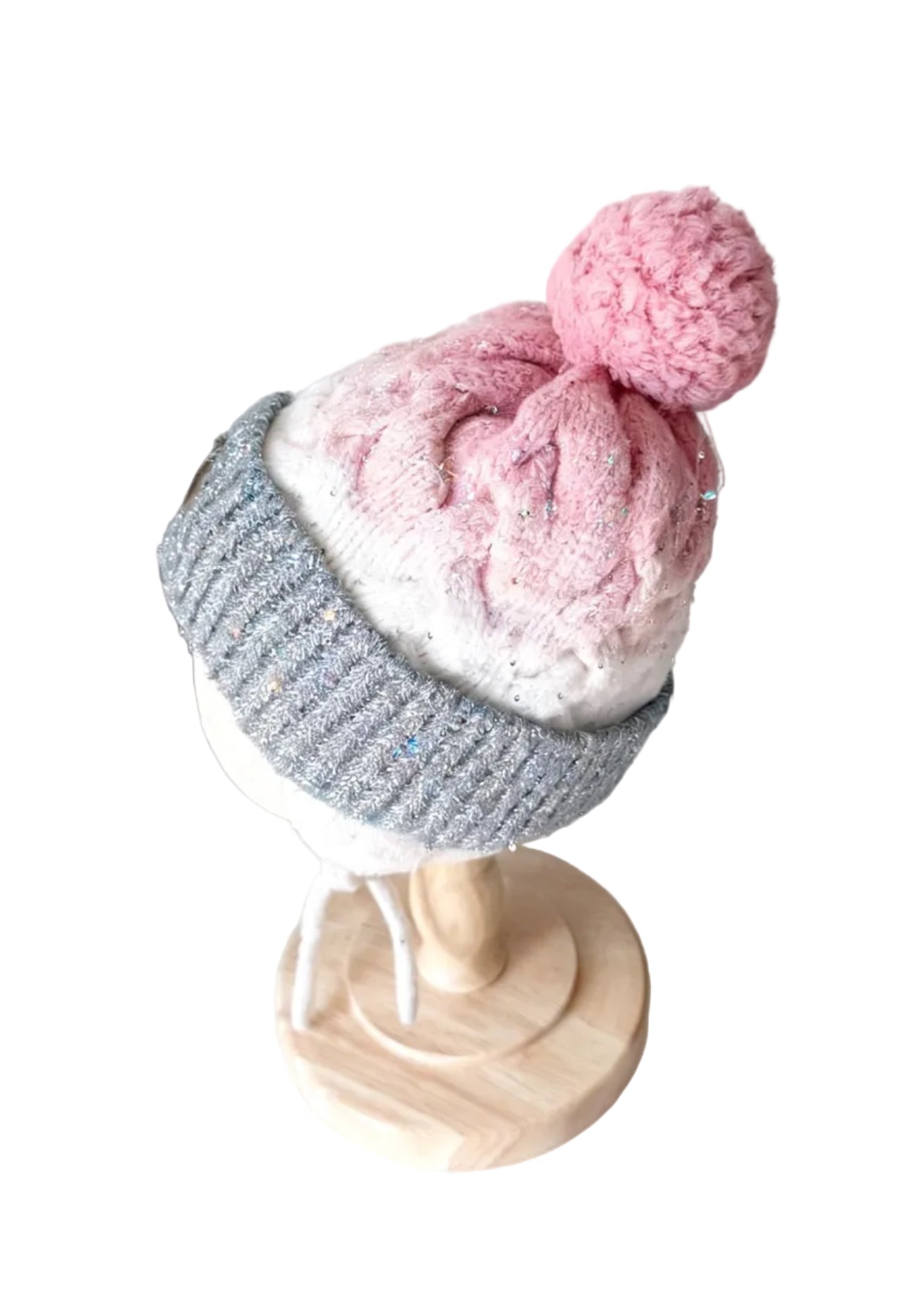 Tuque tricot enfant 18-24 mois, pompon rose, bonnet blanc et revers bleu rayé.