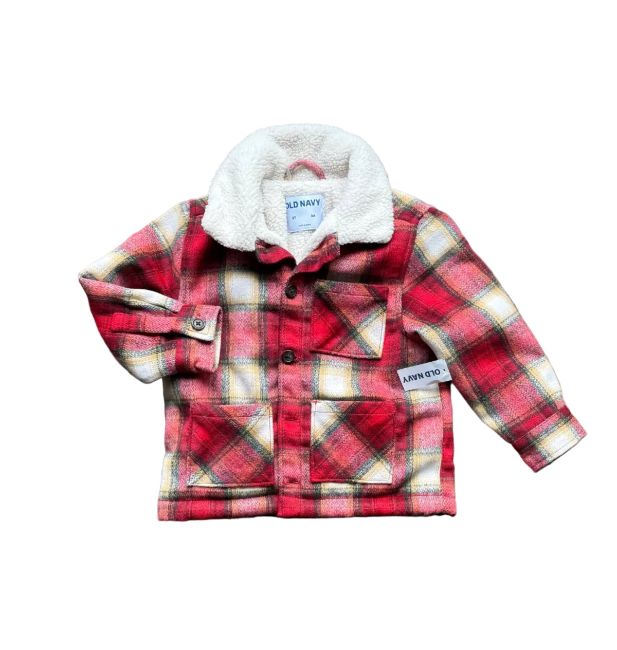 Manteau garçon 3 ans à capuche en sherpa, à carreaux rouge et bleu, fermeture boutonnée.