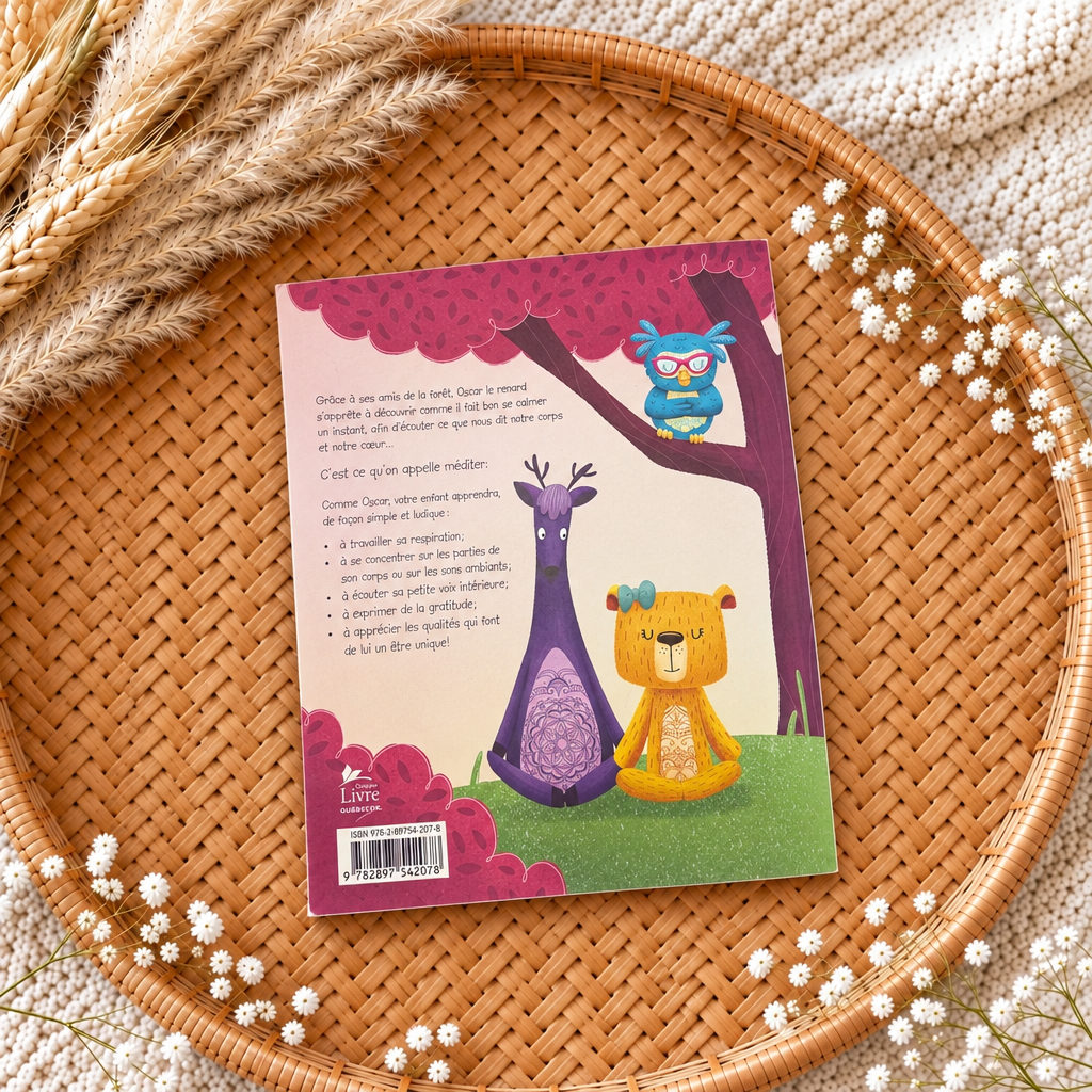 Livre jeunesse «Oscar apprend à méditer» couverture avec animaux et texte français