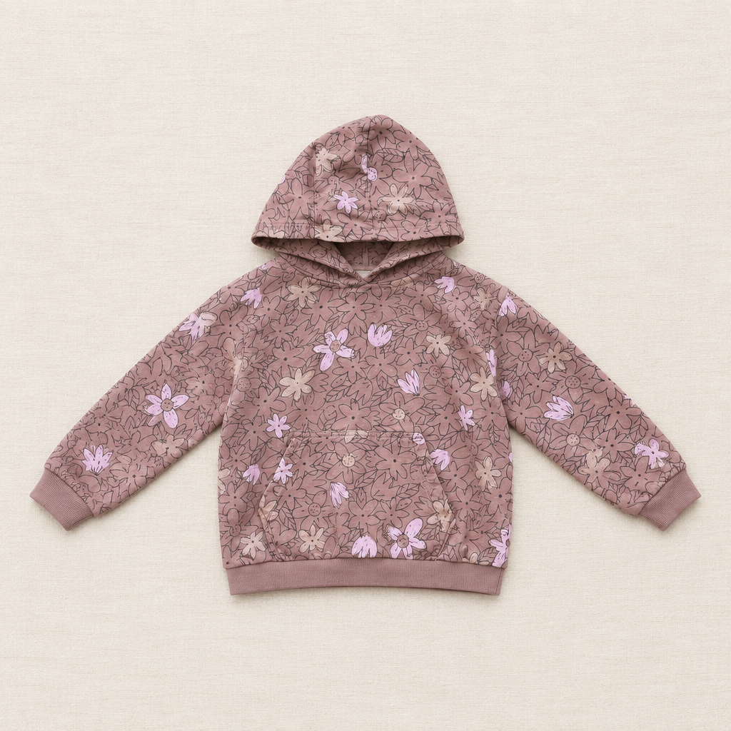 Sweat à capuche enfant rose à fleurs, manches longues, poche kangourou
