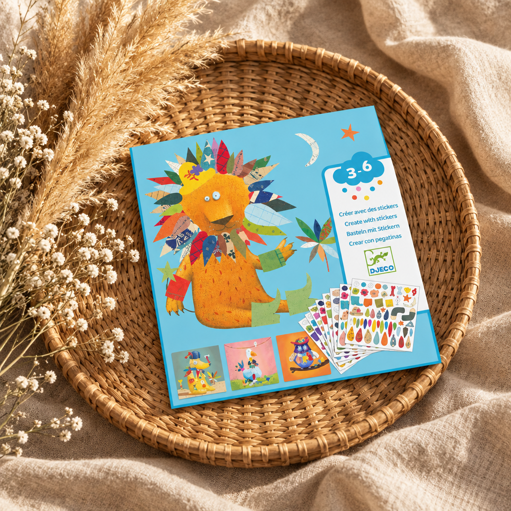 Boîte du jeu de création Djeco avec stickers et images d’animaux colorés