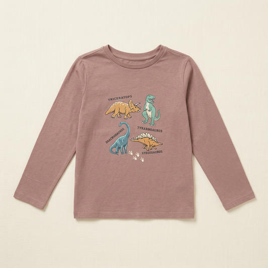 Chandail enfant mauve à manches longues, imprimé dinosaures colorés