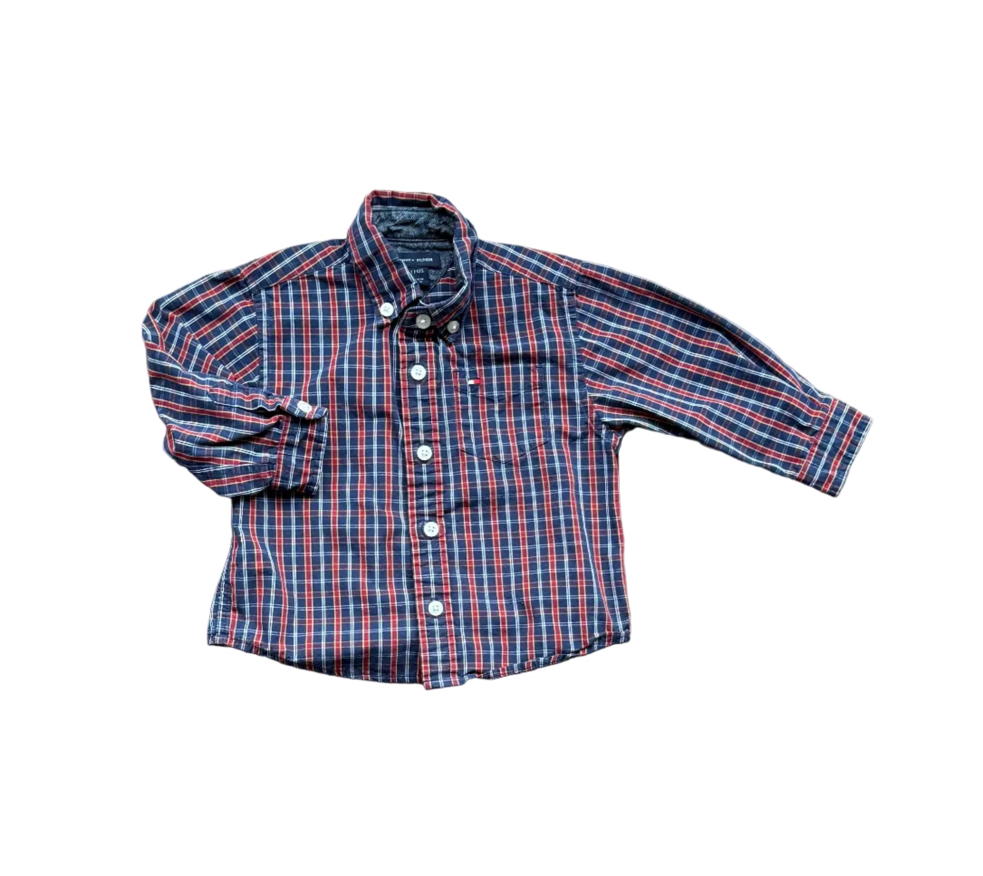 Chemise bébé à carreaux bleu marine et rouge, boutonnée, 12 mois