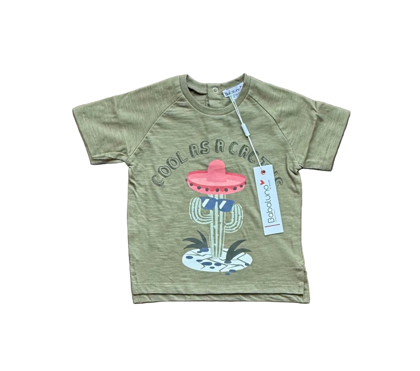 T-shirt bébé vert kaki avec motif cactus et petit chapeau rose