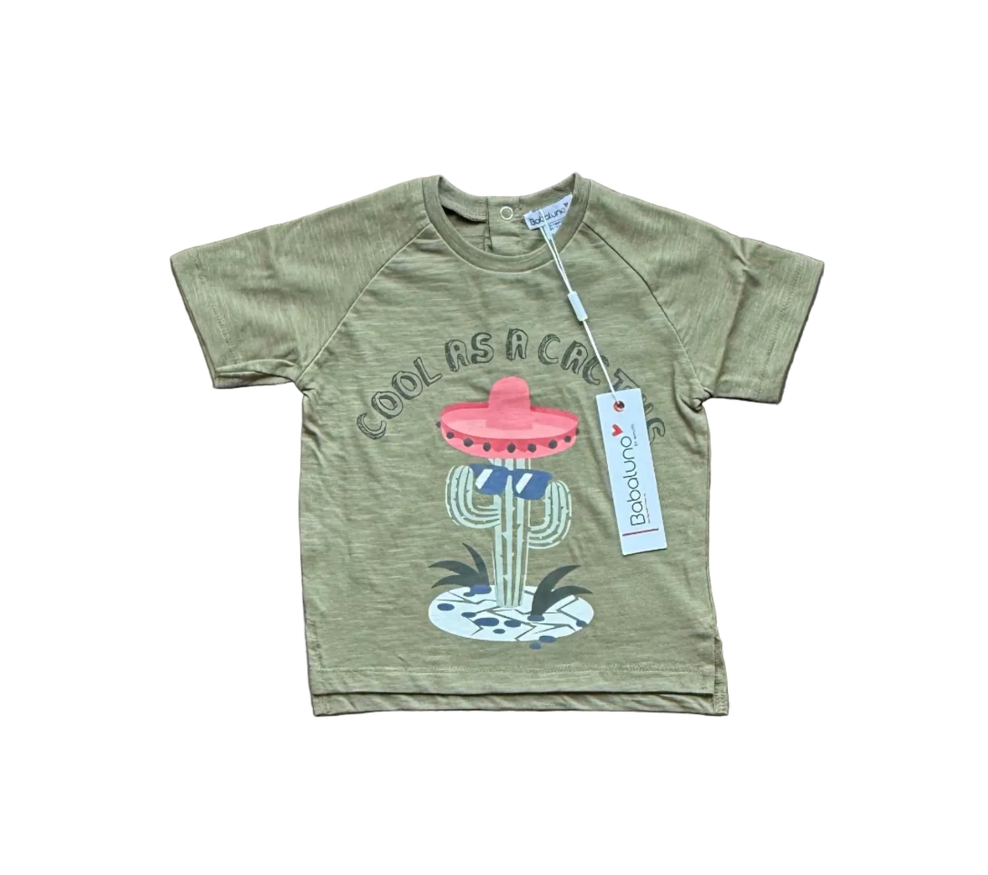T-shirt bébé vert kaki avec motif cactus et petit chapeau rose