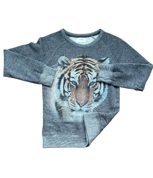 Sweat enfant 7-8 ans bleu-gris, tigre animal en imprimé sur le devant