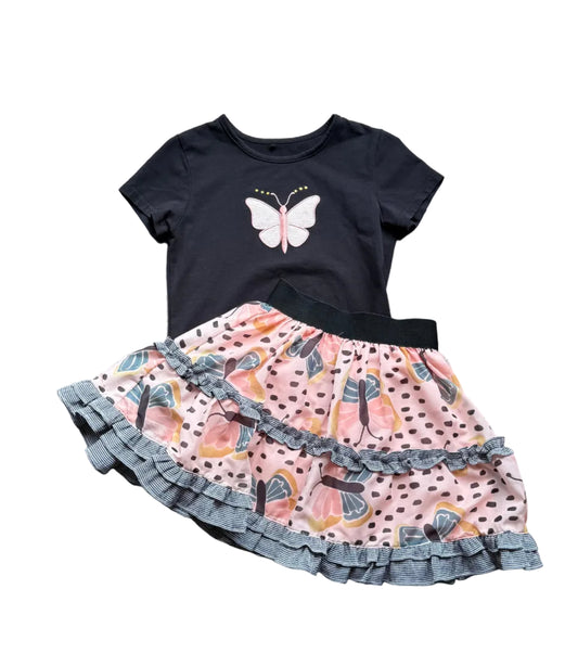 Ensemble 2 pièces Deux par Deux : t-shirt bleu foncé papillon, jupe à volants motif animal