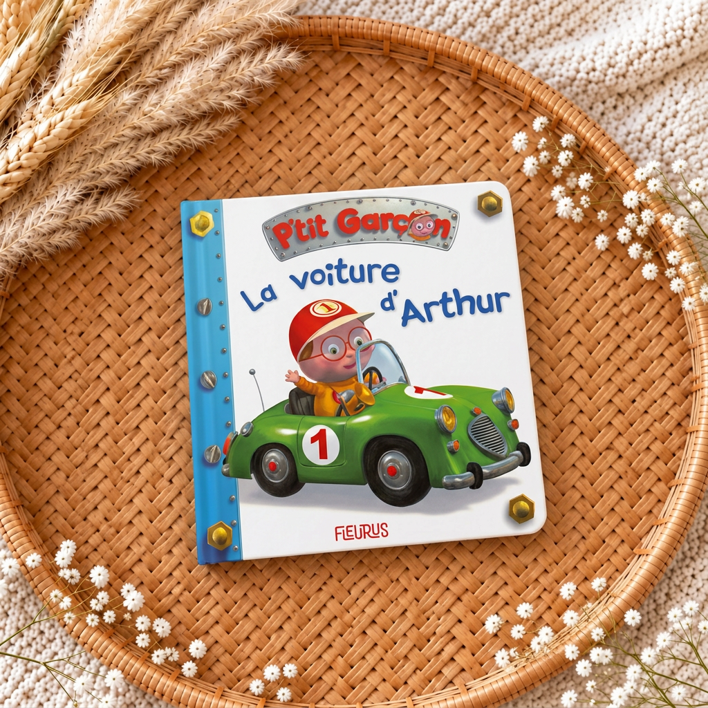 Livre jeunesse relié : couverture illustrée « La voiture d’Arthur » (Fleurus) avec garçon et voiture.