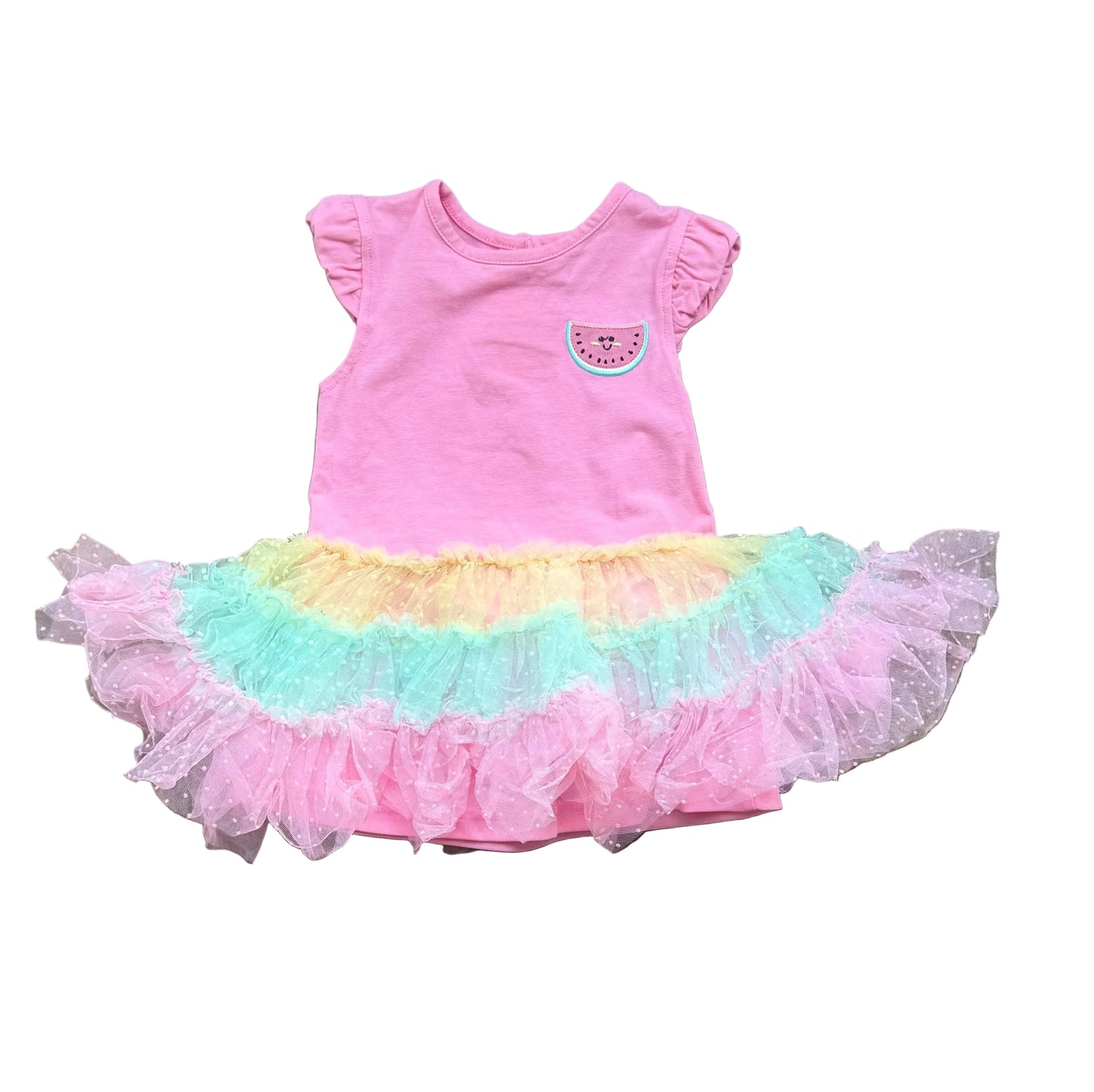 Robe bébé 12 mois vieux rose avec volants tulle bleu et rose, appliqué pastèque