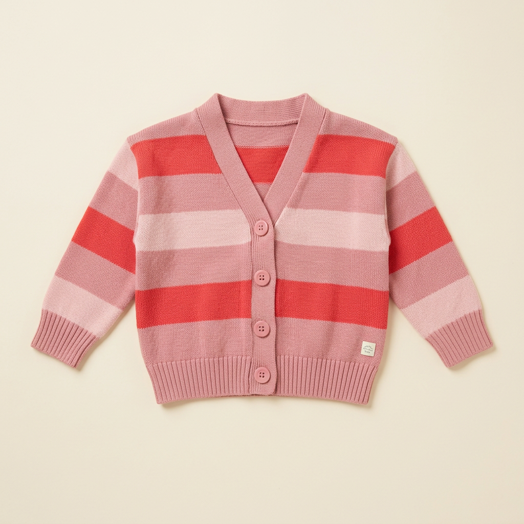 Cardigan bébé rayé rose et rouge, manches longues, boutonnage devant