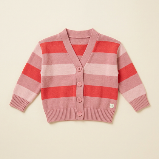 Cardigan bébé rayé rose et rouge, manches longues, boutonnage devant