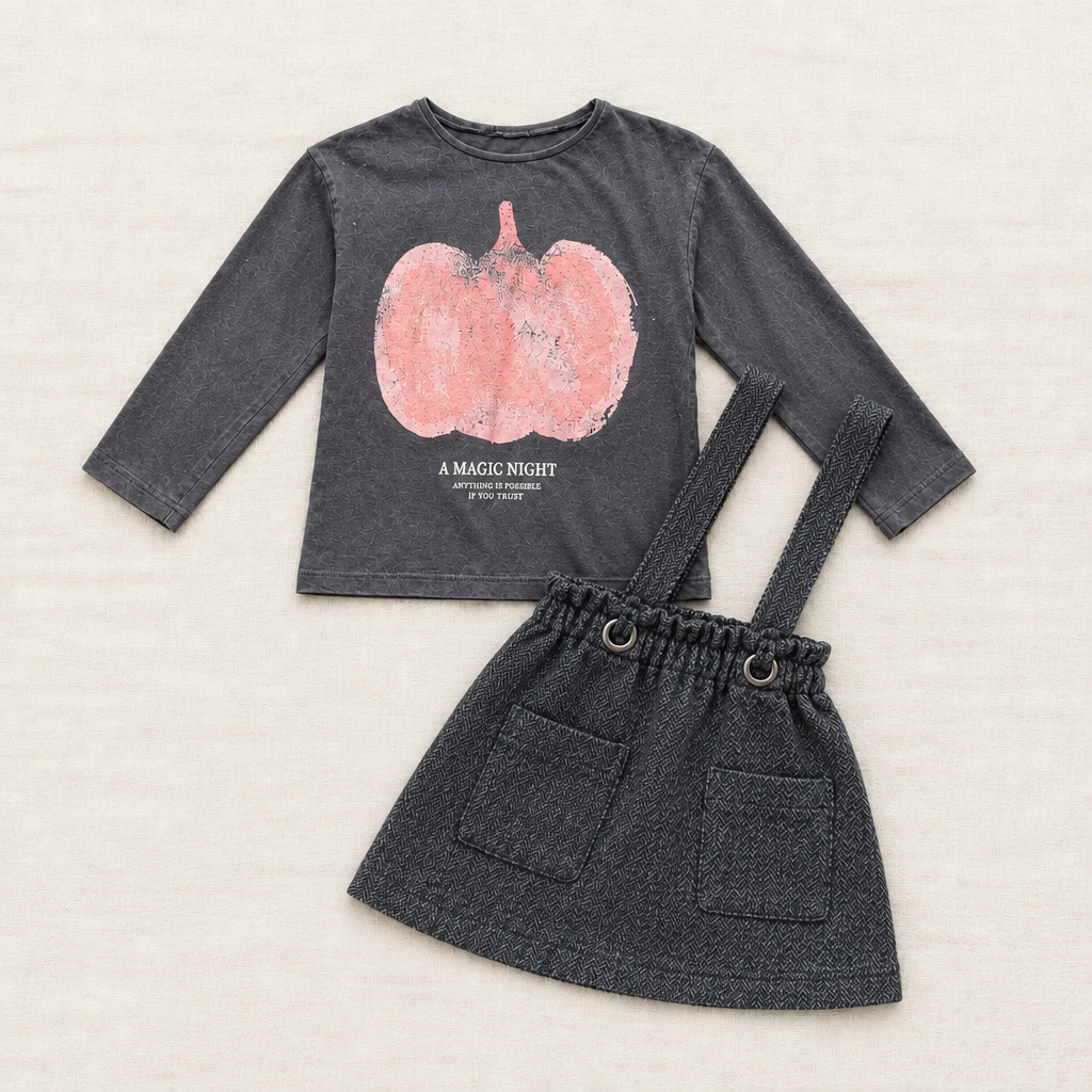 Ensemble enfant : haut anthracite manches longues imprimé potiron, jupe grise à poches