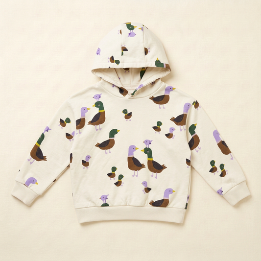 Hoodie bébé écru à capuche, imprimé animaux, poche kangourou et poignets côtelés