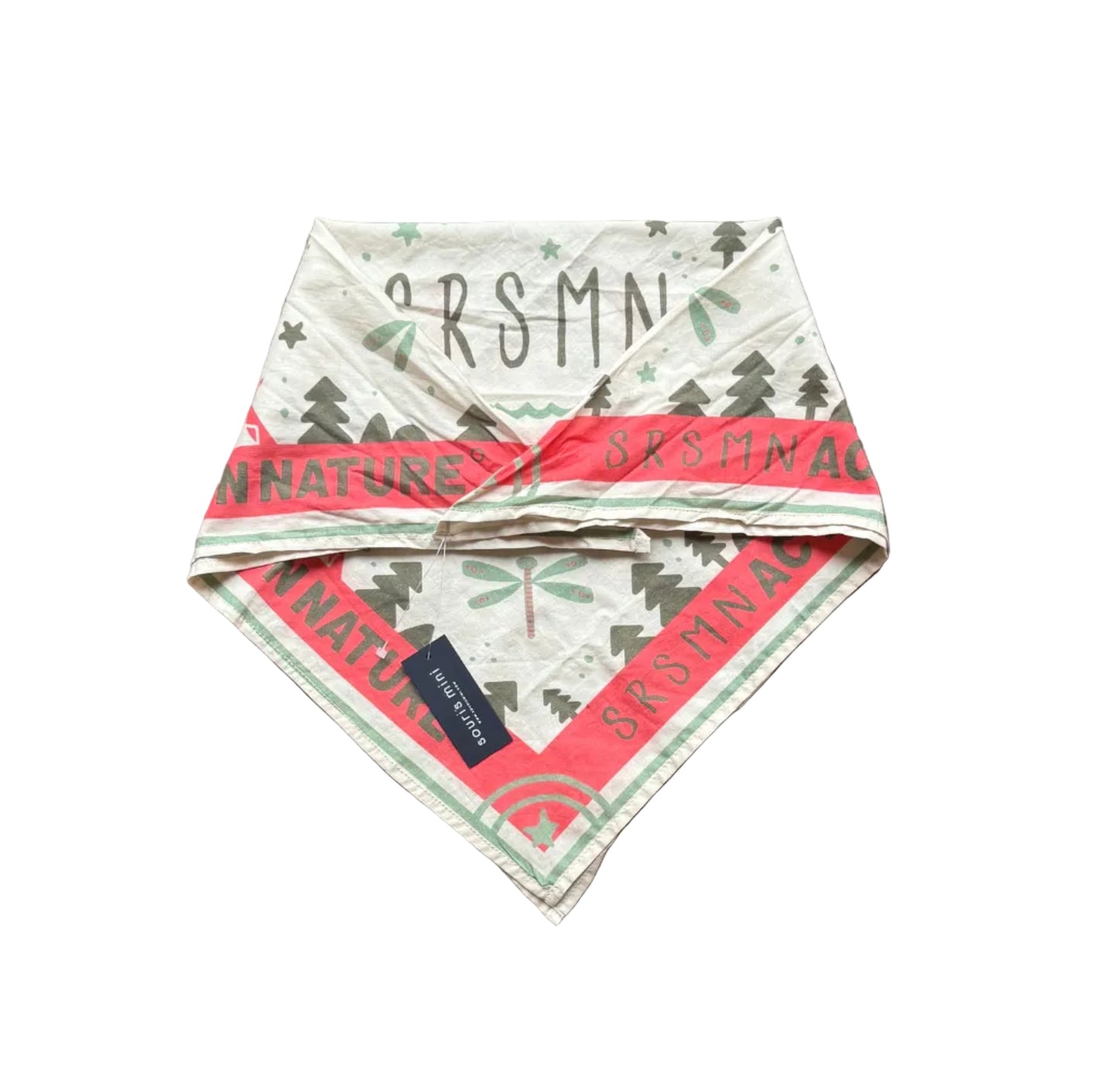 Foulard Souris Mini triangulaire saumon, motif sapins et étoiles, bord contrasté