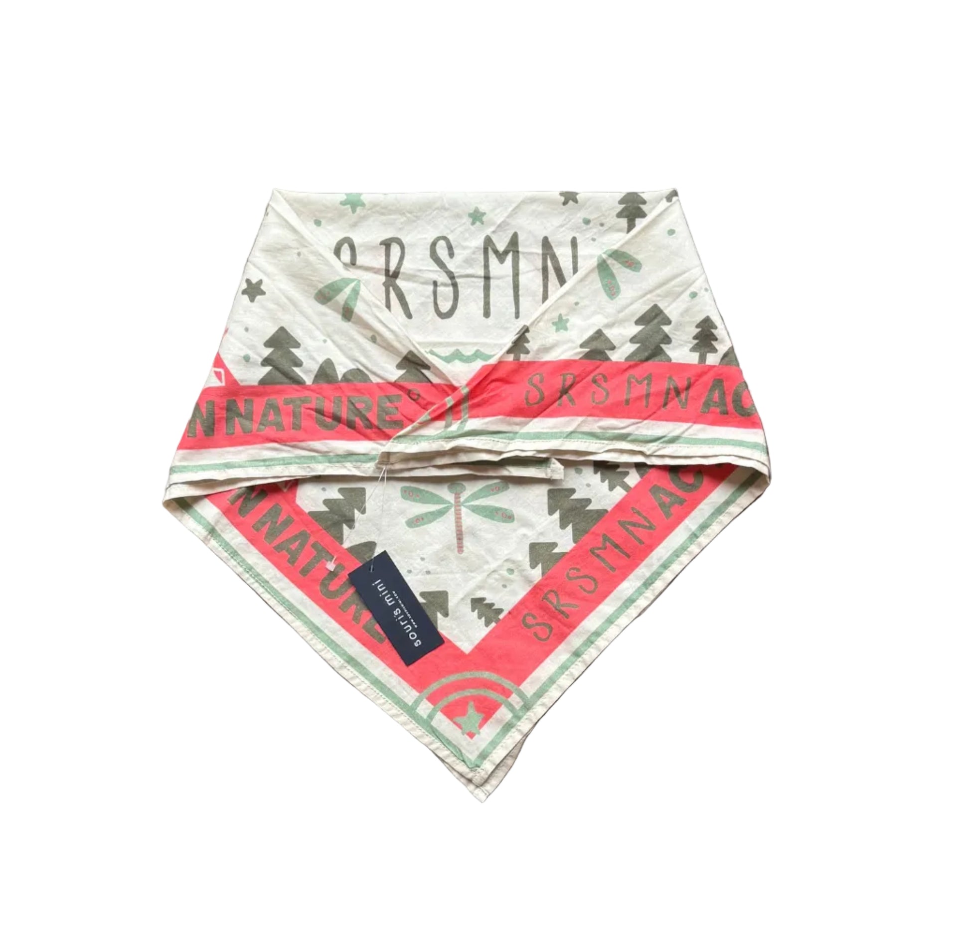 Foulard Souris Mini triangulaire saumon, motif sapins et étoiles, bord contrasté