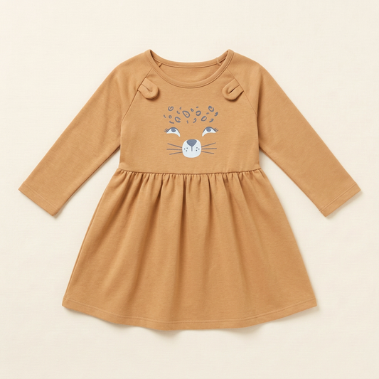 Robe Petit Lem brune manches longues imprimé tête d’animal, jupe évasée