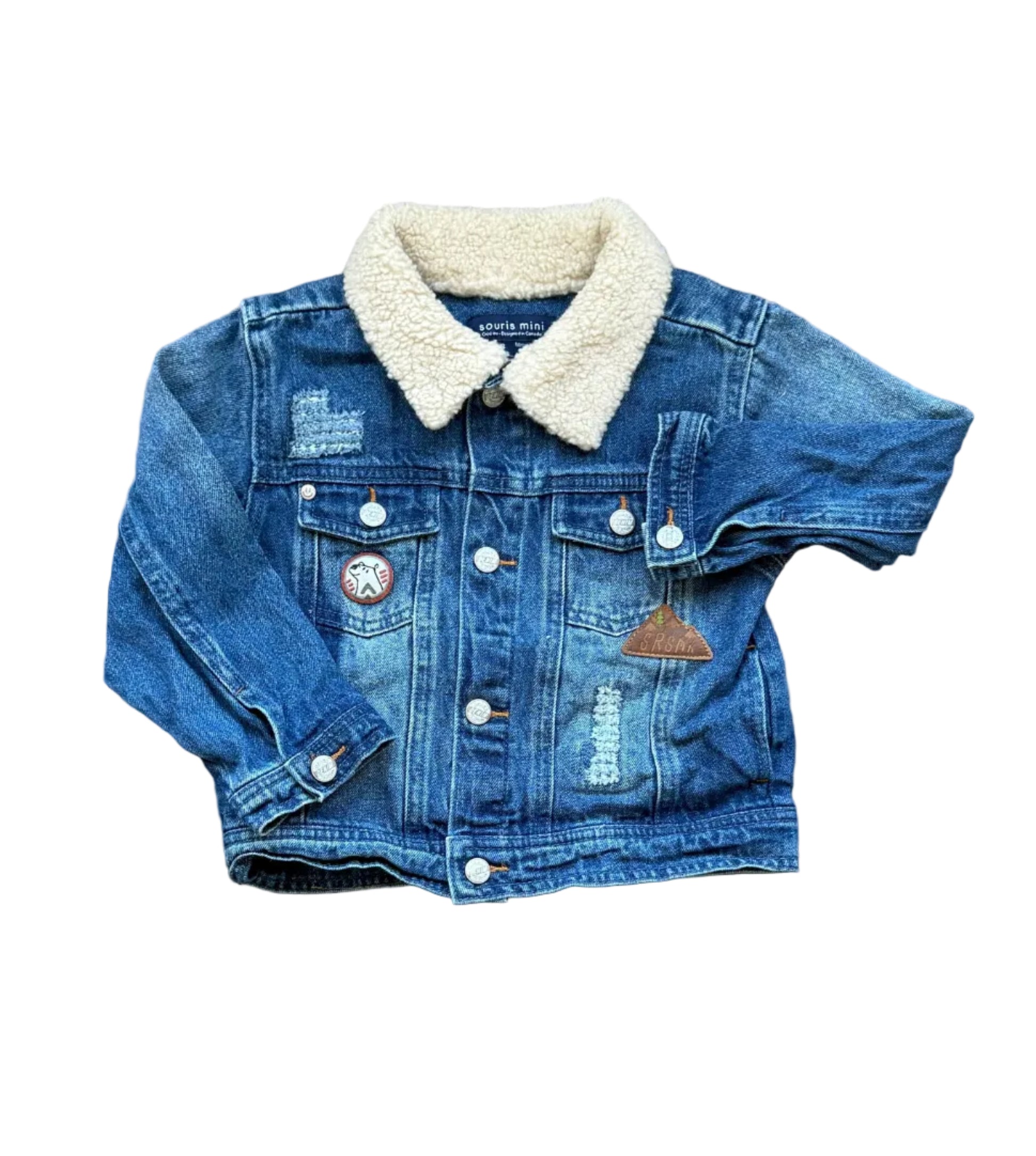Veste en jean bleue 3 ans, col en sherpa, patte boutonnée et écussons