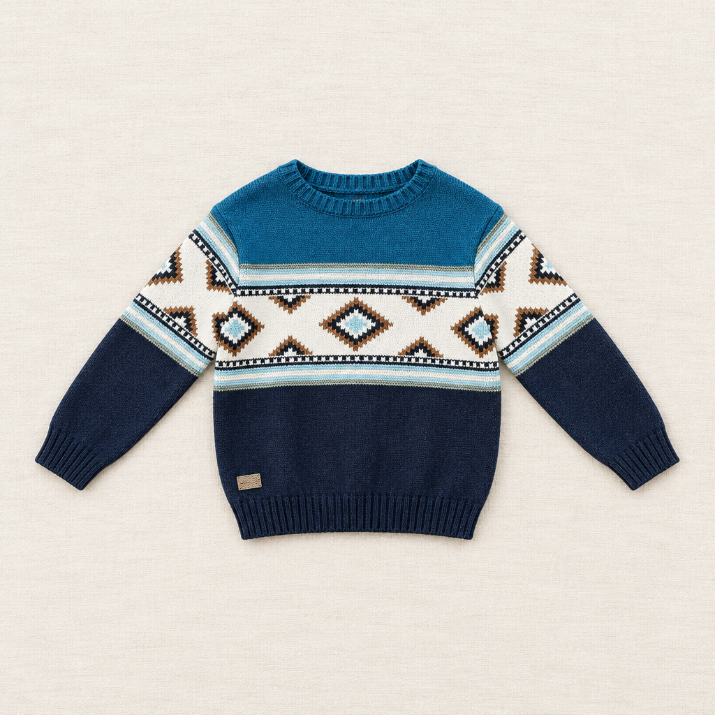 Chandail tricot pour enfant 3 ans, encolure ronde, manches longues bicolore à motifs géométriques