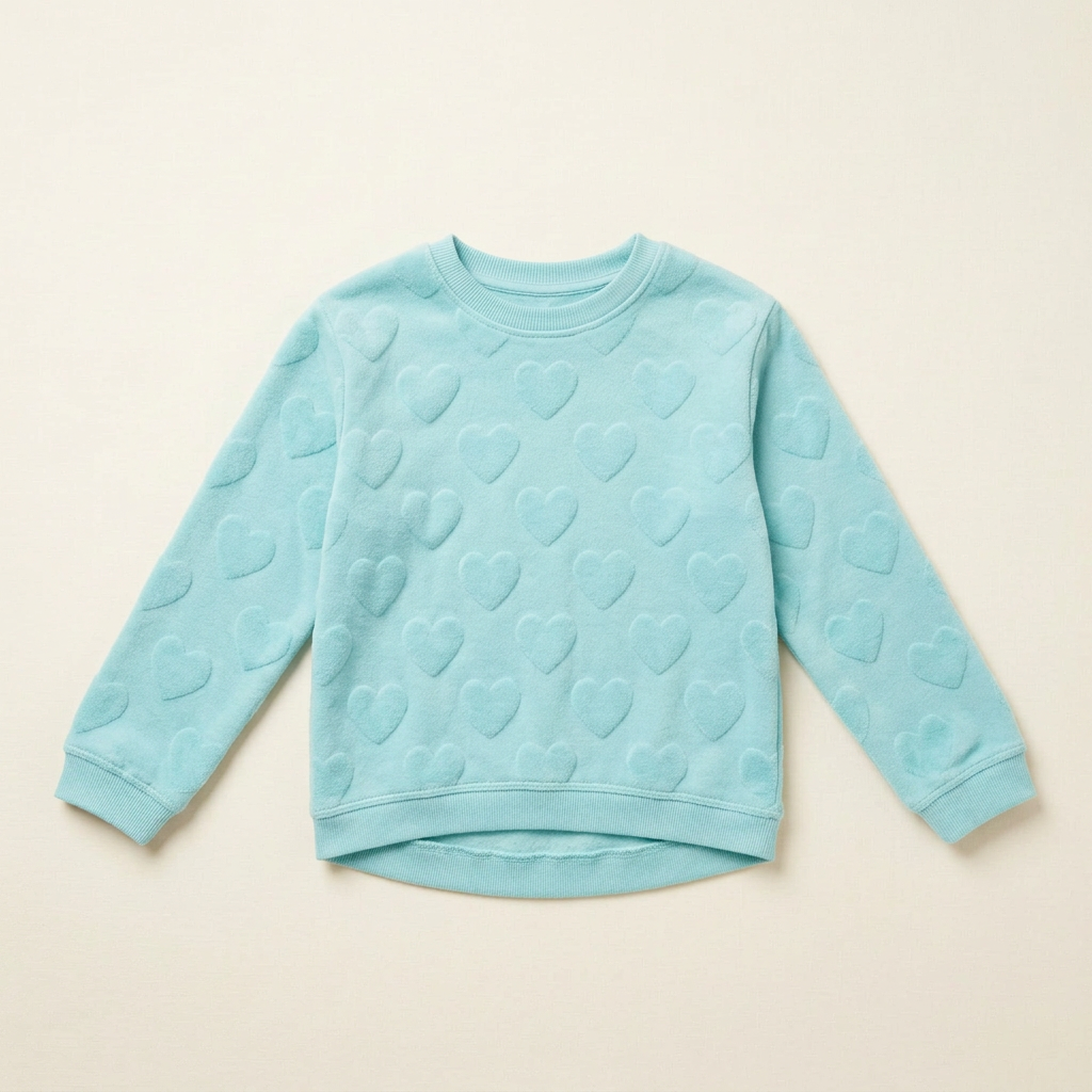 Chandail bébé turquoise à manches longues et encolure ronde, motif cœurs