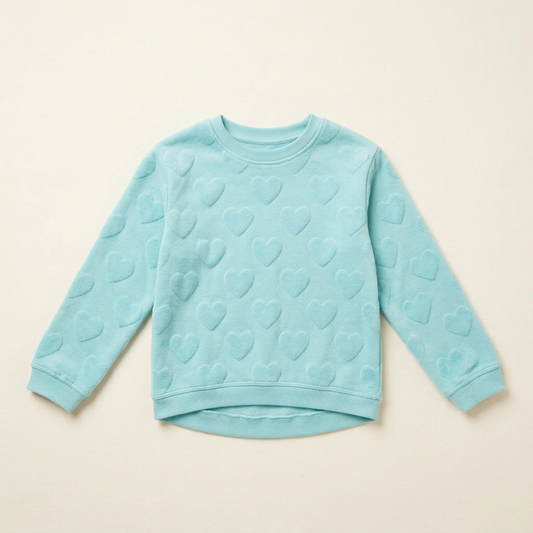 Chandail bébé turquoise à manches longues et encolure ronde, motif cœurs