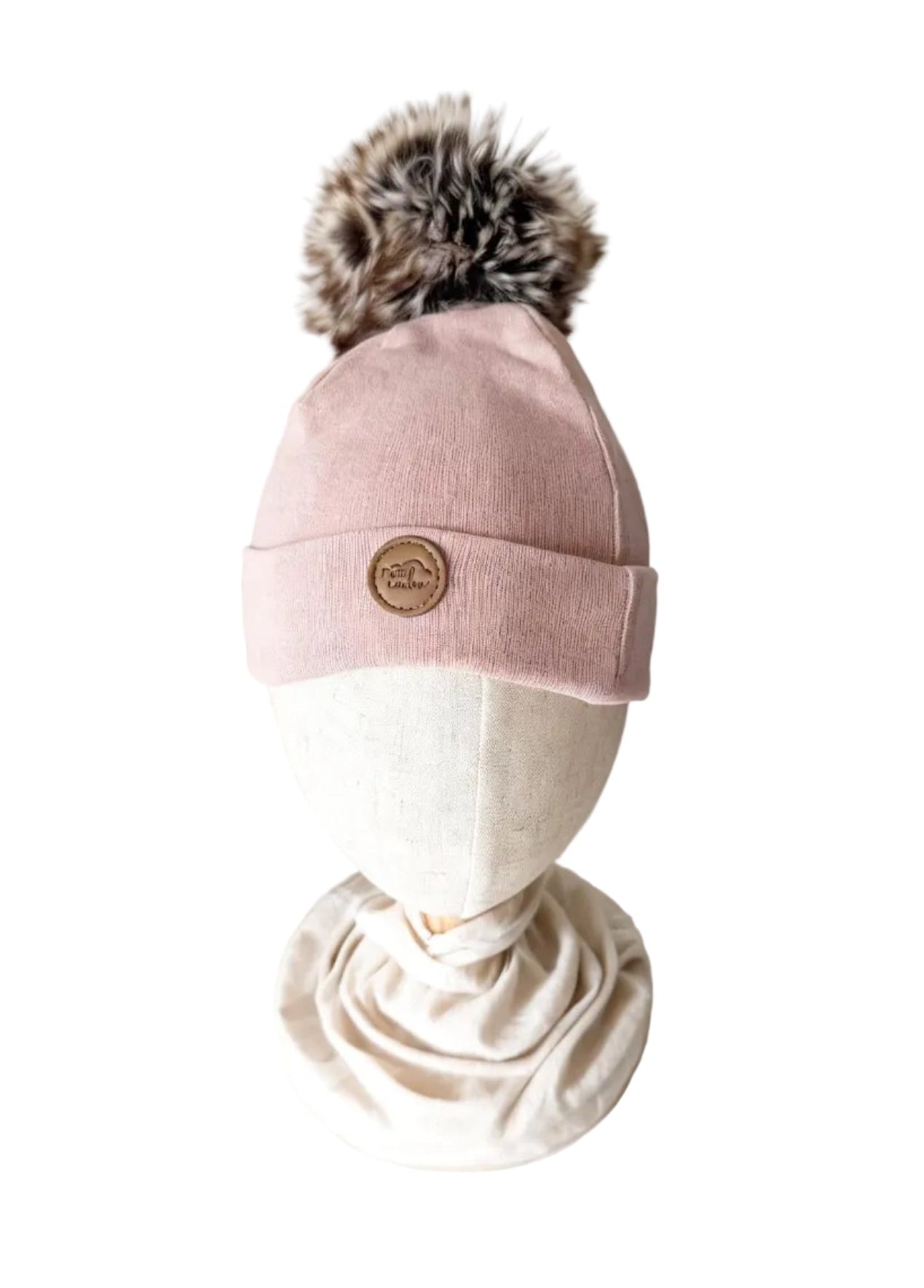Tuque bébé Petit Coulou vieux rose à pompon en fourrure et revers plié