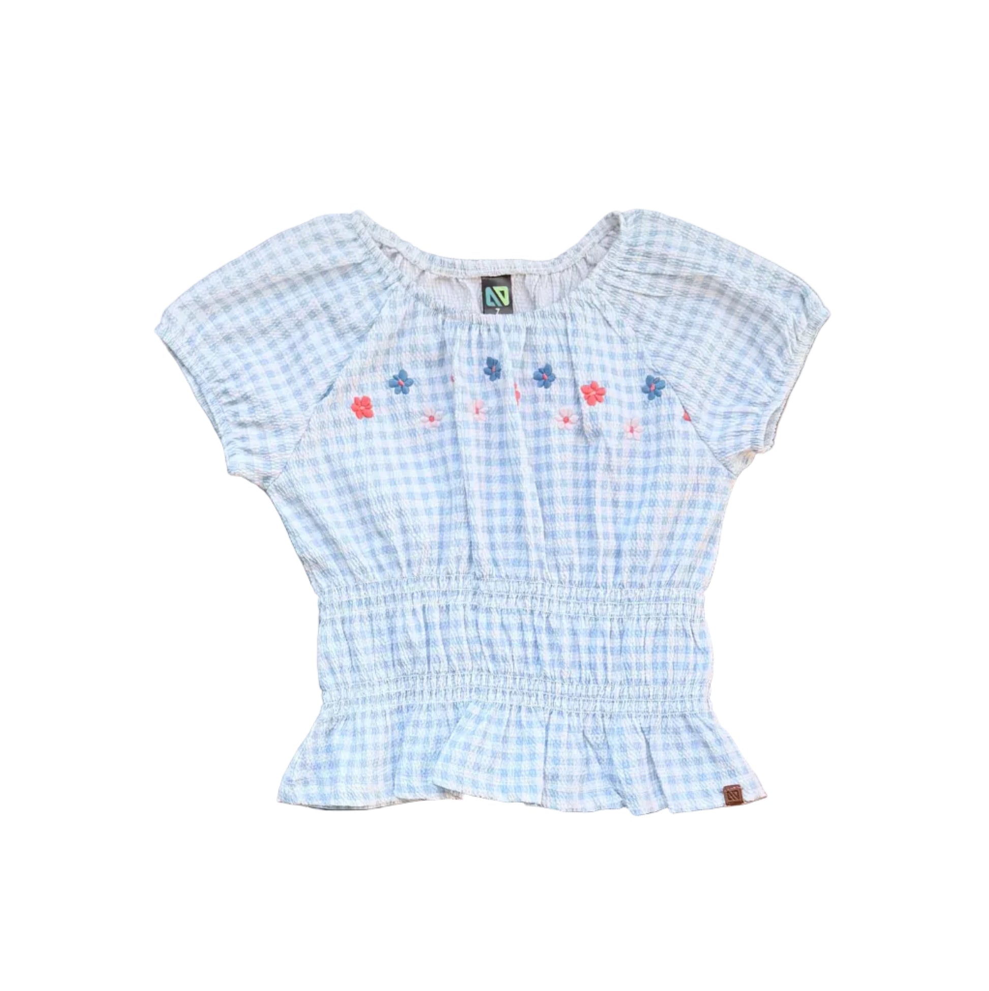 T-shirt Deux par Deux enfant bleu clair à carreaux avec broderies multicolores