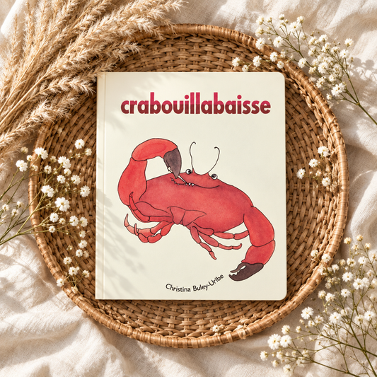 Livre Crabouillabaisse en français, couverture blanche avec crabe rouge illustré.