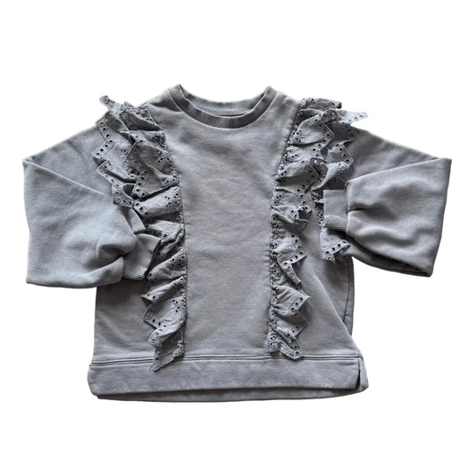 Chandail 9 ans Zara gris mauve à volants décoratifs sur l’avant, col rond côtelé