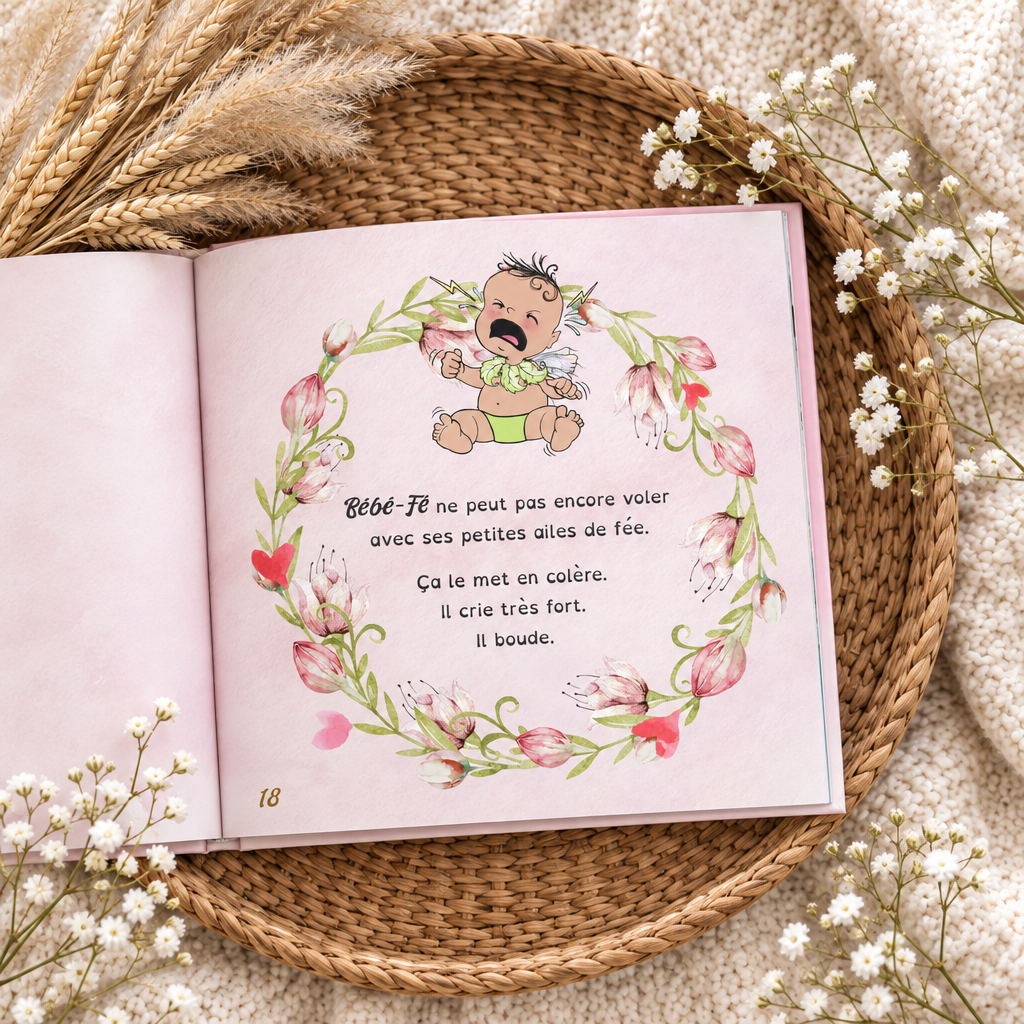Livre jeunesse ouvert, illustrations de fées avec texte imprimé sur page rose