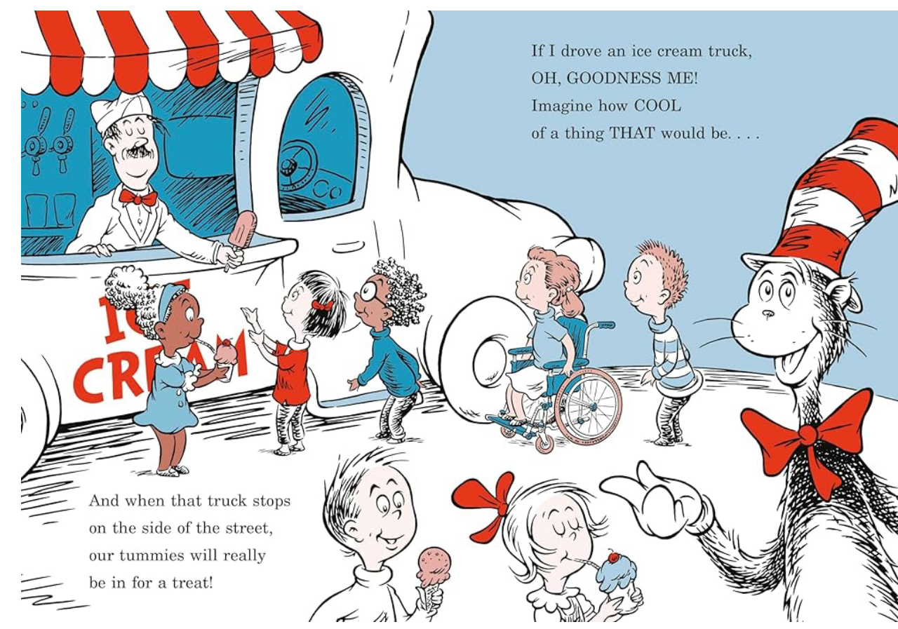 Page illustrée du livre : enfants et personnage du chat devant un camion de glace