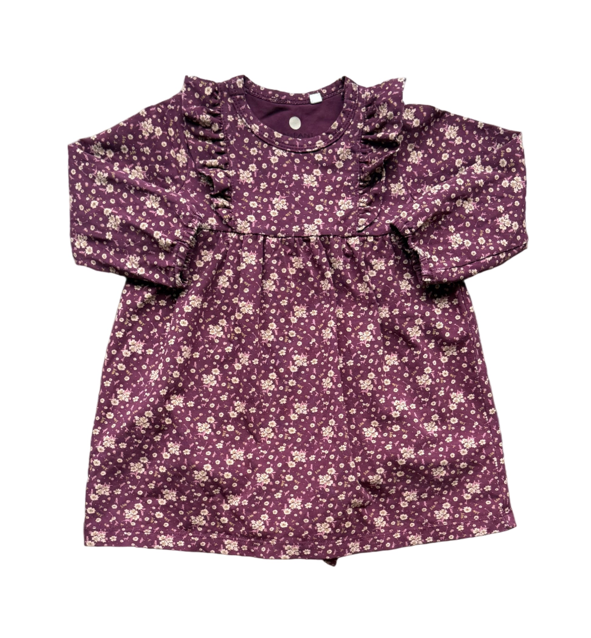 Robe bébé manches longues violet foncé à petites fleurs, encolure ronde