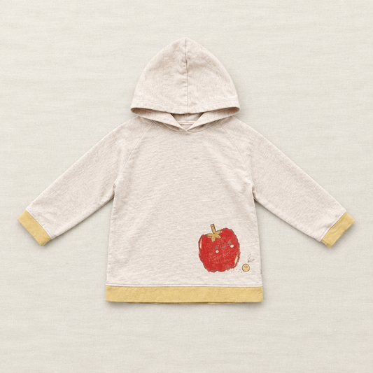 Hoodie Souris Mini bébé, à capuche crème, imprimé pomme rouge, poignets et bas jaunes