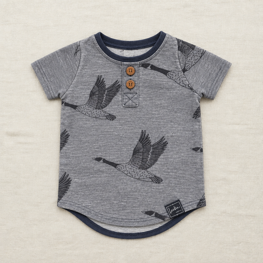 T-shirt bébé Leeka 0-3 mois anthracite, imprimé oiseaux, boutons devant