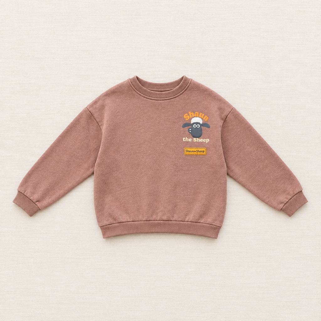 Chandail enfant rose à motif de mouton Shawn et texte « shawn the sheep »